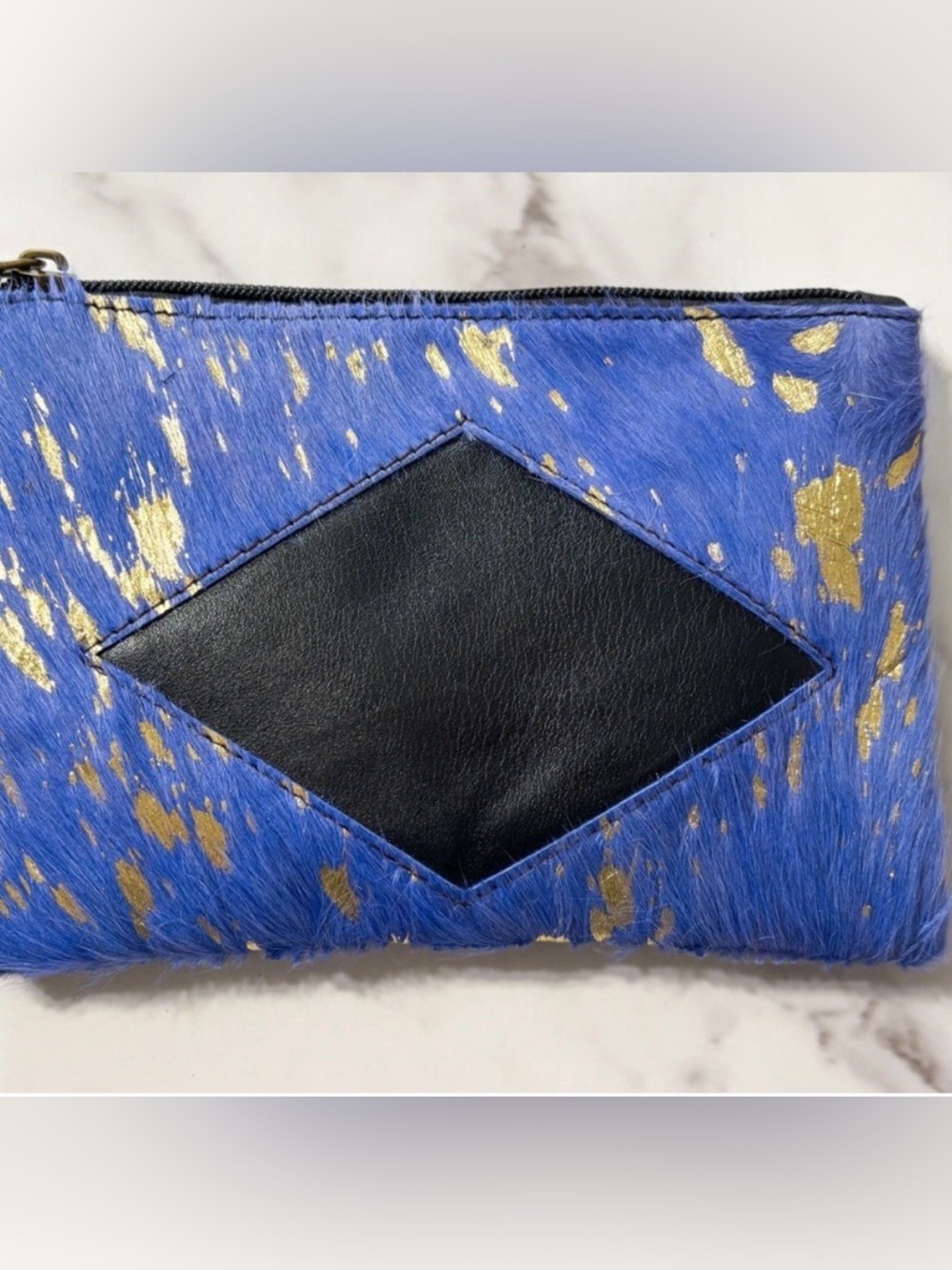 NEW Leather Hair-On Hide Wristlet Clutch Blue Gold Foil Leather Tassel Western - Picture 2 of 6